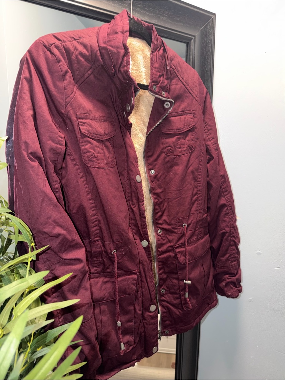 YMI Maroon Quilted Utility Jacket with Sherpa Lining